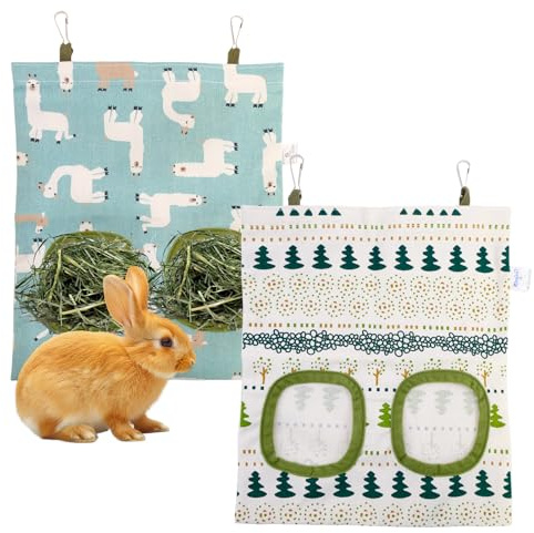Uryxery Râtelier à Foin Suspendu pour Lapin et Cochon d’Inde, Lot de 2 Sacs à Foin en Tissu Oxford avec 2 Ouvertures, Mangeoire pour Petits Animaux et Cage de Rongeurs