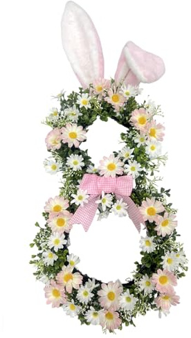 26 Inch Easter Bunny Wreath with Daisy & Bendable Plush Ears for Front Door, Large Bunny Shaped Wreath Easter Decorations for Door Wall Window