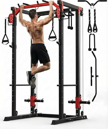 Squat Rack for Home Gym Power Cage with Cable Crossover & LAT Pulldown, 2000LBS Power Rack, Power Racks for Home Gym System with Dual Pulley, Full Size Power Cages Home Gym for Strength Training