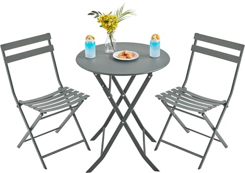 Yaheetech 3-Piece Folding Bistro Set, Space-Saving Table & Chairs, Grey | Easy To Fold & Store | Stable Durable Iron Frame | Outdoor Use For Patio, Balcony, Yard & Garden