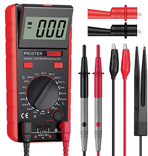 Proster LCR Meter Digital Digitaler LCR Multimeter für Kapazitäts Induktivitäts Widerstand Testen Selbstentladung mit Batterie Krokodilklemme und Tasche LCR Tester Meter- Rot