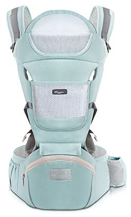 SONARIN Mochila Portabebés Ergonómico con Asiento de Cadera/Algodón Puro, Reposacabezas, Multiposición: Dorsal, Ventral, Ajustable para Recién Nacidos de 0 a 36 Meses (hasta 30 kg) Verde