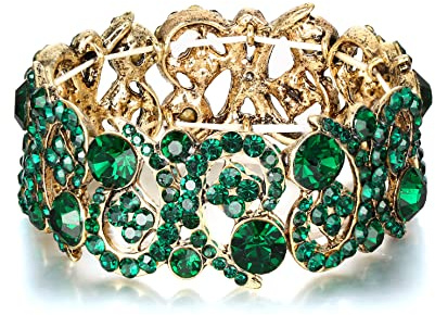 EVER FAITH Femme Cristal Autrichien Mariage Creux Floral Vague Stretch Bracelet Vert Ton d'or
