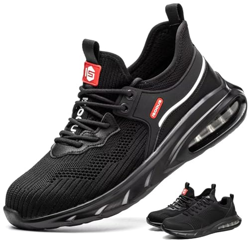 ISOOUS Zapatos de Seguridad Hombre Mujer Ligeros Zapatos de Trabajo con Punta de Acero Respirable Antideslizantes Anti-Piercing Negro 47