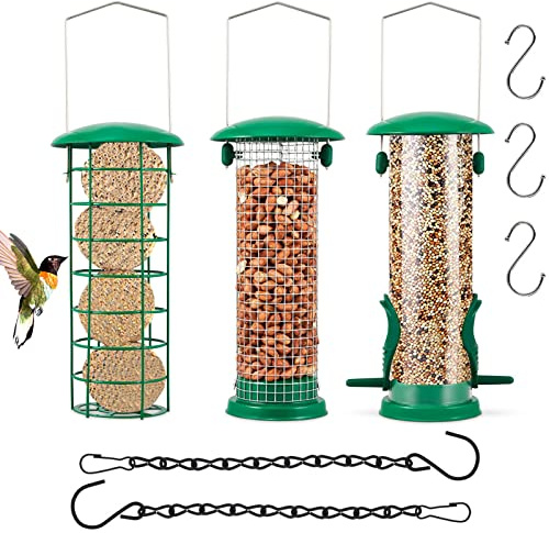 Bird Feeders Hanging,Wild Birds Feeders Mesh Feeding Stations with Steel Hooks Hangers, Metal Bird Feeder for Garden, Hanging bird feeder set + BONUS 3pcs Hooks and 2pcs Hanging Chain（Green）