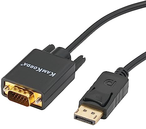 KamKorda VGA to DisplayPort Cable, 1.8m, Gold Plated, Full HD Transmission, Durable, Secure Latch Design, Easy Release Button – Black