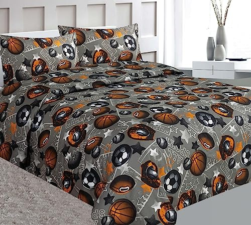 Bed Kids Toodler Girl Boy Sheet Set Twin or Full Printed Design Flat Fitted and Pillow Sham (Twin, Football)