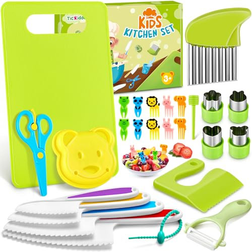 TicKiddos Kindermesser 25 teiliges, Kinder Schneideset mit Kunststoffmesser,Knitterschneider,Schneidebrett, Kinderkochset für Echte Kochen,kindermesser ab 2 3 4 5 6 jahre,Montessori Spielzeug Messer