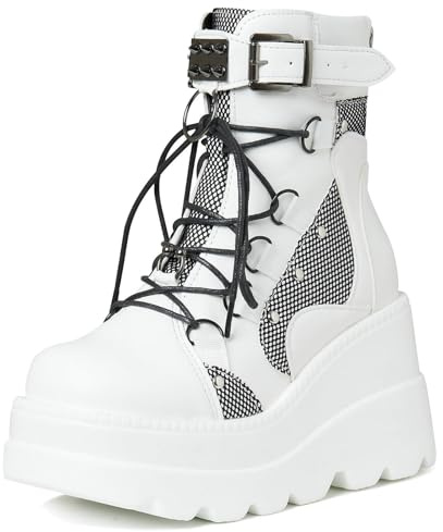 Meefit Women Goth platform Boots Wedge High Heel Lace Up Ankle Boots Round Toe Combat Booties Motorcycle Boot(1-white,US7)