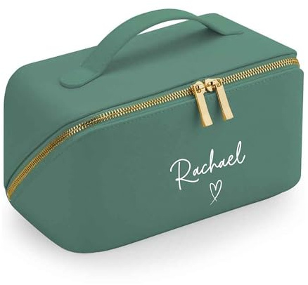 Personalised Name Makeup Bag, Cosmetic Case for Women, Travel, Toileties, Wash Bag Boutique Open Flat (Sage)