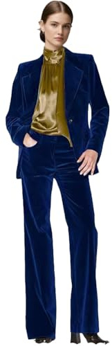 Conjunto de traje de dos piezas para mujer, chaqueta y pantalones de terciopelo, traje de mujer con bolsillos, traje de trabajo, azul real, M