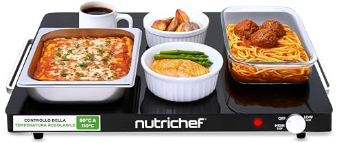 Nutrichef Bandeja Electrica, Hot Plate, de Servicio con Superficie de Vidrio, Temperatura Ajustable, Ahorro de Espacio, Ideal para Buffets, Fiestas y Mas