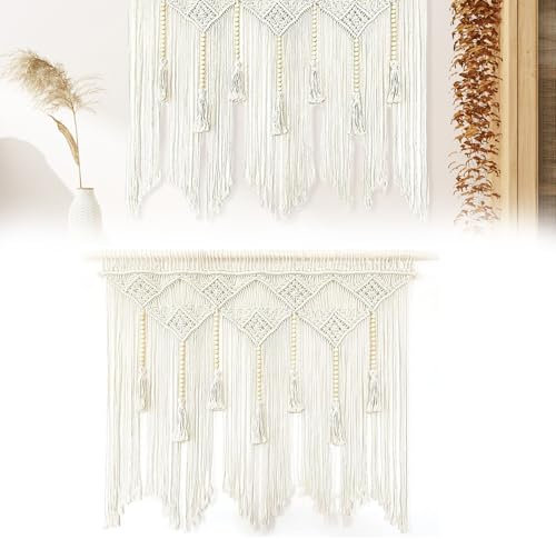 Tenda In Macramè, Arazzo In Tessuto BohéMien 100x80cm Arazzo Da Parete In Macramè Con Perline Di Legno Tenda Da Parete Fatta A Mano Per Sfondo Di Nozze Decorazione Per La Casa