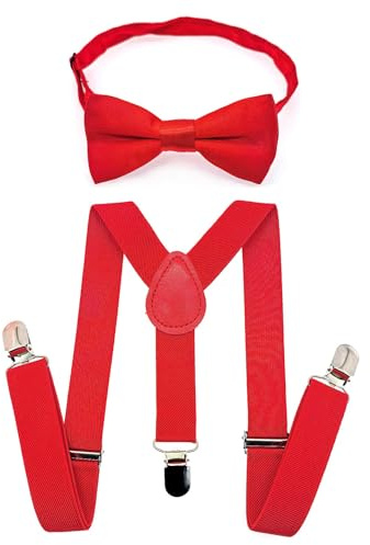JZK Juego de pajarita roja y tirantes para niños menores de 135 cm, en forma de Y, 3 clips ajustables, tirantes con pajarita para niños y niñas para bodas y fiestas de disfraces, rojo, talla única