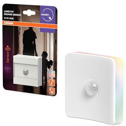 OSRAM LUNETTA SQUARE Luce notturna con sensore di luce diurna e movimento, 0,3 W, bianco, design quadrato, effetto luce RGB con quattro uscite luminose, spina europea integrata, per interni
