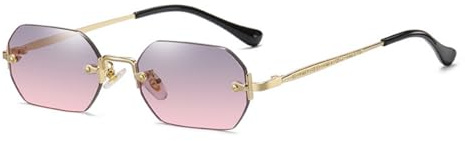 ASYHV Lunettes de soleil rectangulaires sans monture pour homme et femme Design rétro Verres miroir légers Polygone Protection UV400, Or/gris/rose