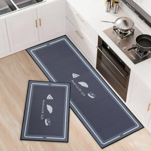 OPLERT Juego de 2 alfombras y tapetes para Cocina, Antideslizantes, Lavables, absorbentes, para Cocina, lavandería y pasillos,Gris,43x75+43x120cm