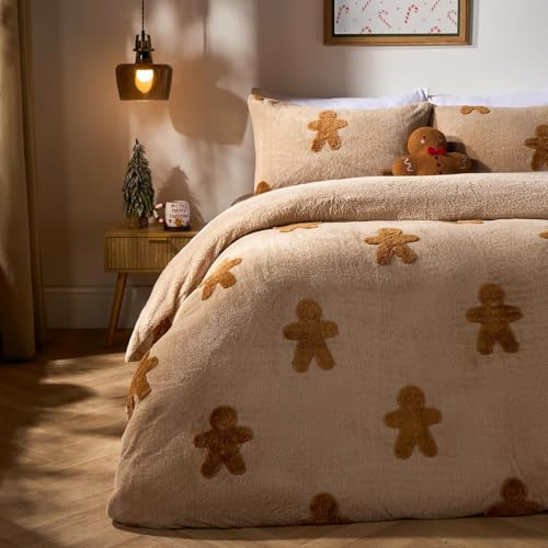 OHS Christmas Bedding King Size, Tufted Gingerbread Man Teddy Fleece Duvet Set Super Soft Warm Cosy Thermal Winter Christmas Duvet Cover King Size with Pillowcases, Natural