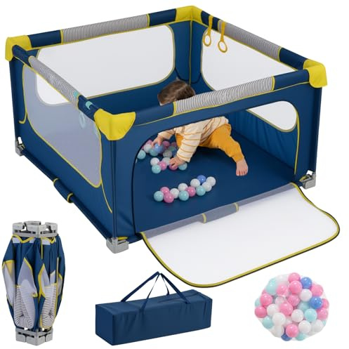 DREAMADE Parc Pliable Bébé Sans Montage avec 50 Balles&Sac de Transport,Clôture Tout-Petits 0-36Mois en Tissu Oxford avec 4 Anneaux&Sac de Transport&Porte avec Fermeture Éclair