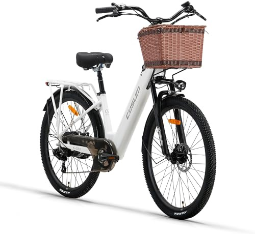 cysum X-City Vélo Électrique Homme Femme, 26 vélo électrique Urbain avec 48V 10.4Ah Batterie Amovible, Vélo de Ville électrique 250W, 7 Vitesses, City E-Bike pour Adulte, Step-Thru (26'' Blanc)