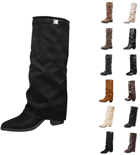 Generico stivali donna camoscio Stivali Donna con Tacco Invernali Autunnali Texani Cowboy Stivaletti Alti al Ginocchio Stivaletti Punta Stivaletto Gamba Larga in Pelle texani tacco nero 38