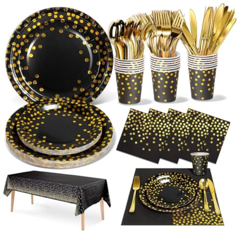 Party Tableware Paper Plates and Napkins Set, 141PCS Party Paper Plates Cups Napkins and Cutlery Party Dinnerware Set for Birthday Decorations New Year Wedding Christmas Picnic (20 Guests, Black&Gold)