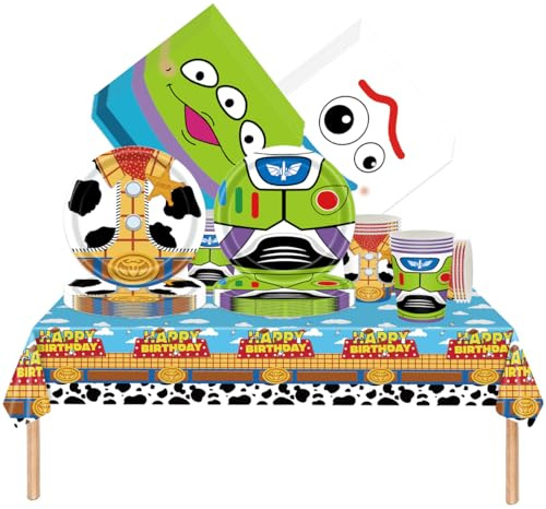 Fuwraixis Cartoon Story Vajilla para fiestas, 61 piezas Tema de juguete Vajilla infantil para cumpleaños, Juego de platos de papel para fiesta de niño, Vasos de papel, servilletas, manteles