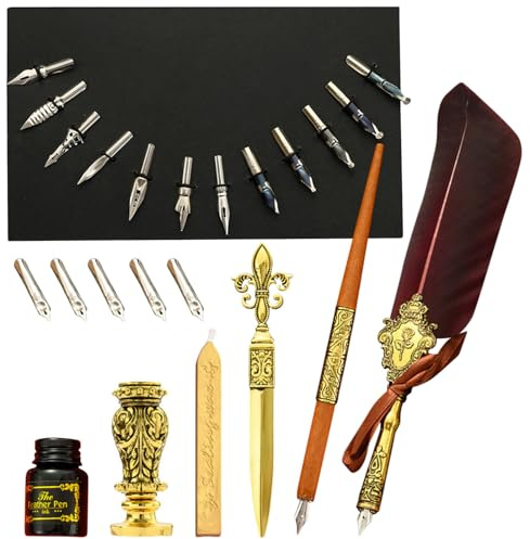 Gihioue Juego de rotuladores y tinta – Pluma de caligrafía vintage para escribir | Juego de sellos de cera mejorados con puntas de repuesto, bolígrafo de lujo vintage firma set de regalo