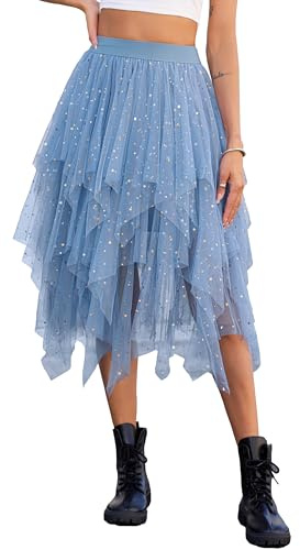 Lovasy Lång paljett dam tyllkjol oregelbundna kjolar i tyll plisserad midikjol skiktad tutu-kjol elegant nätkjol för karneval halloween jul fest prom, A-blå, XXL-3XL