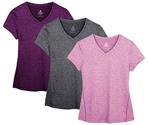 icyzone Damen Sport Fitness T-Shirt Kurzarm V-Ausschnitt Laufshirt Shortsleeve Yoga Top 3er Pack (L, Charcoal/Red Bud/Pink)