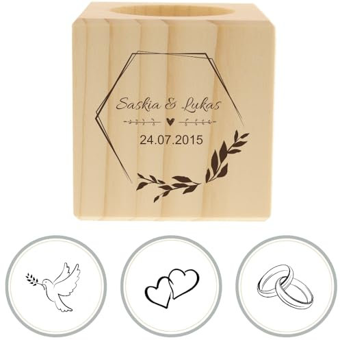 HOFMEISTER® Teelichthalter Gravur Name & Motiv, personalisiertes Hochzeitsgeschenk, Geschenkidee zur Taufe, Tisch-Deko für Hochzeitstisch, Kerzenständer, nachhaltiger Kerzenhalter, 6x6x6 cm