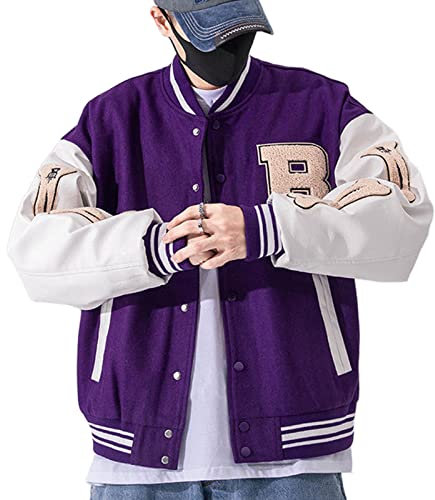 GIJOVANA College Jacke Herren Oldschool Sportjacke Varsity Jacket Patchwork Collegiate Baseballjacke Stehkragen Streetwear（Lila,3XL
