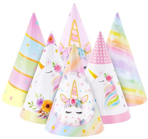 WERNNSAI 12 Stück Einhorn Partyhüte - Einhorn Geburtstag Party Zubehör Einhorn Themenparty Kegelhut Spaß Kunst Bastelpapier Partyhütchen in 6 Stilen