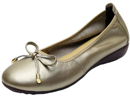 ANUFER Femmes Cuir Véritable Petit Talon Compensé Ballerines Joli Noeud Papillon Mou Glisser sur Pompes Chaussures Dolly Bronze SN070519 EU40.5