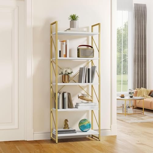 YITAHOME Bibliothèque Industrielle à 5 Niveaux, étagère de Rangement pour Livres pour Salon, Maison, Bureau, 30 x 60 x 158 cm (Blanc et doré)