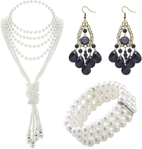 TOEECY Conjunto Perlas Nupcial Collar Largo Cascada Pulsera Multicapa Pendientes Gota Cristal Joyería Elegante Ceremonia