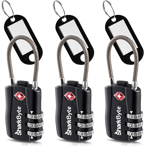 SharkByte Lot de 3 cadenas de voyage approuvés par la TSA - Cadenas à combinaison de sécurité à 3 chiffres avec étiquettes, câble flexible pour valises, sacs de sport et petites valises