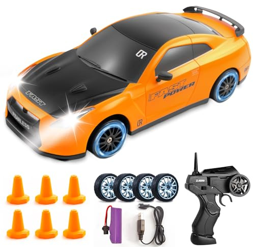 TGKYK Fjärrstyrd bil 1:24 Mini Drift med belysning, 30 km/h, 2,4 GHz, 4WD RC för barn och vuxna från 6 år