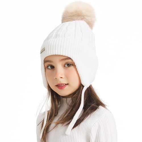ZLYC Gorro de invierno para niños y niñas, con forro de algodón, con pompón, gorro de punto con orejeras, Color blanco macizo., Talla única