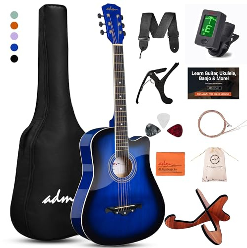 ADM 38 Inch Acoustic Guitar Bundle for Beginners Adults with Online Lesson, Cutaway Wood Acustica Guitarra Starter Set Package with Gig Bag, Strap, Steel Strings, Picks, Capos, Stand, Blueburst