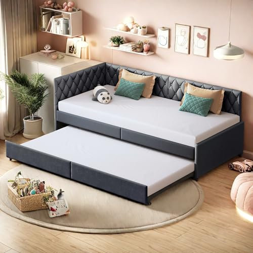 VixorLuilith Polsterbett Tagesbett 90x200 cm mit Ausziehbett, Einzelbett Kinderbett Schlafsofa Daybed Bettgestell mit Lattenrost, Bettsofa Jugendbett Gästebett, Ohne Matratze, Samt (Grau)