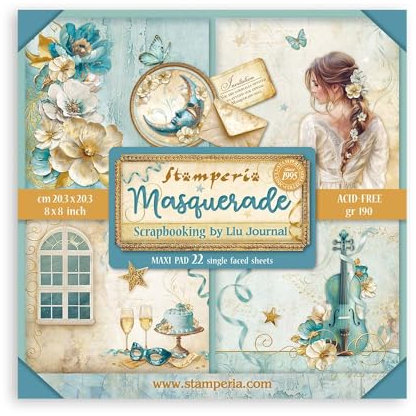 Stamperia - Scrapbook Paper Pad for Scrapbooking, Albums, Card Making, Bullet Journalling and More, Acid Free, Single Face, Perfect for Hobbies, Crafts, and Gifting (Masquerade) (20.3 x 20.3cm)