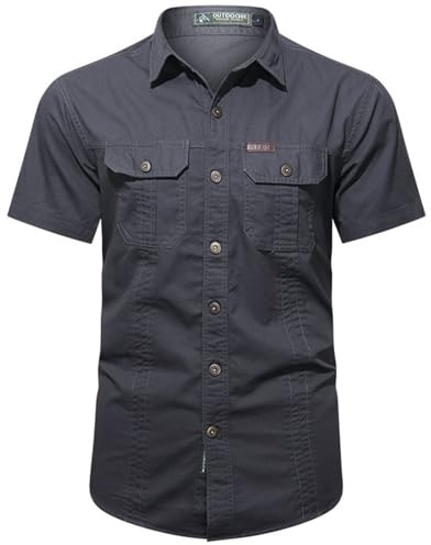 PADOLA Chemise Homme Manches Courtes Boutonnée Coton Chemisette Slim Fit Chemise Cowboy Cargo Chemises de Travail été Unie Chemisier de Plage Safari Militaire Tactique Shirt
