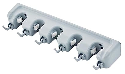 FIXOSHEE Wall Mounted Mop Holder and Brush Hanger with 5 Slots and 6 Hooks, Multifunctional Grey Rack for Broom Organizer and Storage in Kitchen Garage Bathroom