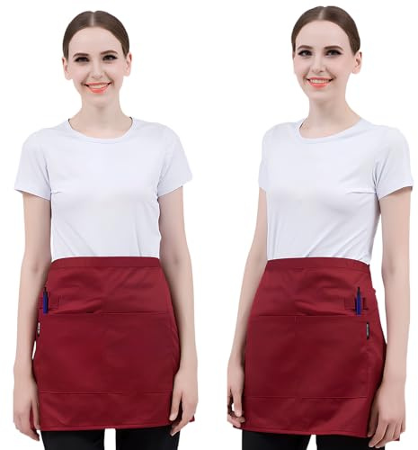 Luxvara 2 Piezas Delantal Cocina para Mujeres Hombres, Delantale Cintura, Delantal de Cocinero, Delantals de Camarero con 2 Bolsillo, Delantale Corto para Chef Restaurante Bar (58×43cm) (Rojo vino)