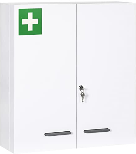 kleankin Botiquín de Pared de Acero de Primero Auxilios Botiquín para Medicinas de 3 Niveles Armario de Baño con Cerradura y 2 Llaves para Cocina 55x18x60 cm Blanco