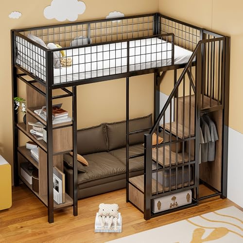 Oxtao Cama alta multifuncional de 90 x 200 cm, cama de metal con espacio de almacenamiento, estantes y escaleras, cama funcional para niños con protección anticaídas, sin colchón (negro, 90 x 200 cm)