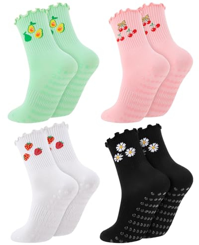 Zuimei 4 Pairs Cute Pilates Socks for Women, Cotton Non Slip Ruffle Yoga Socks Grip Crew Sock with Fruit & Flower Patterns Anti Skid Sock for Barre Dance Home Workout Hospital