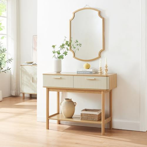 [en.casa] Tavolo a Consolle con 2 Cassetti e Ripiano Tavolo Rettangolare da Ingresso Corridoio Mobile Stretto a 2 Piani di Appoggio 100 x 40 x 80 cm - Effetto Rovere/Avena Oatmeal