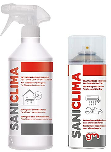 MagazziniGM SANICLIMA, Kit Sanificazione e Pulizia per Climatizzatori, Liquido Pulizia 750ml e Spray Igienizzante 400ml,Disinfettante Antibatterico, Elimina Odori (Detergente + igienizzante)